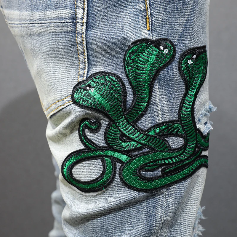 

ashion men'sy2k jeans with three head snake pattern elastic and stretchy slim fit washed light blue jeans men's hip-hop ret
