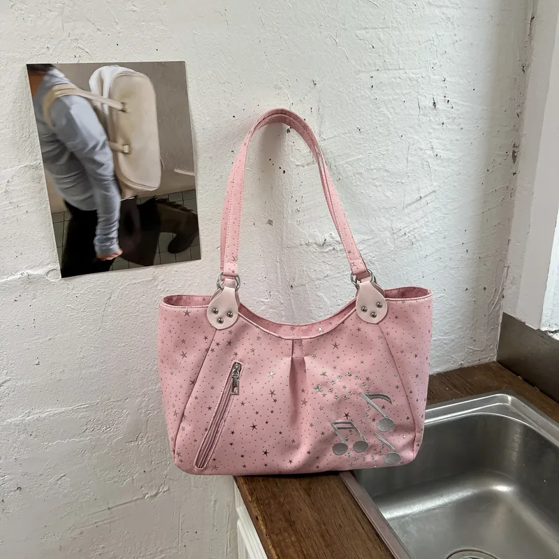 Handtasche mit seitlichem Reißverschluss und Musiknoten-Sternmuster, koreanische Nylon-Umhängetasche, süße, lässige, einfarbige Damen-Einkaufstasche für die Arbeit – Detail 15