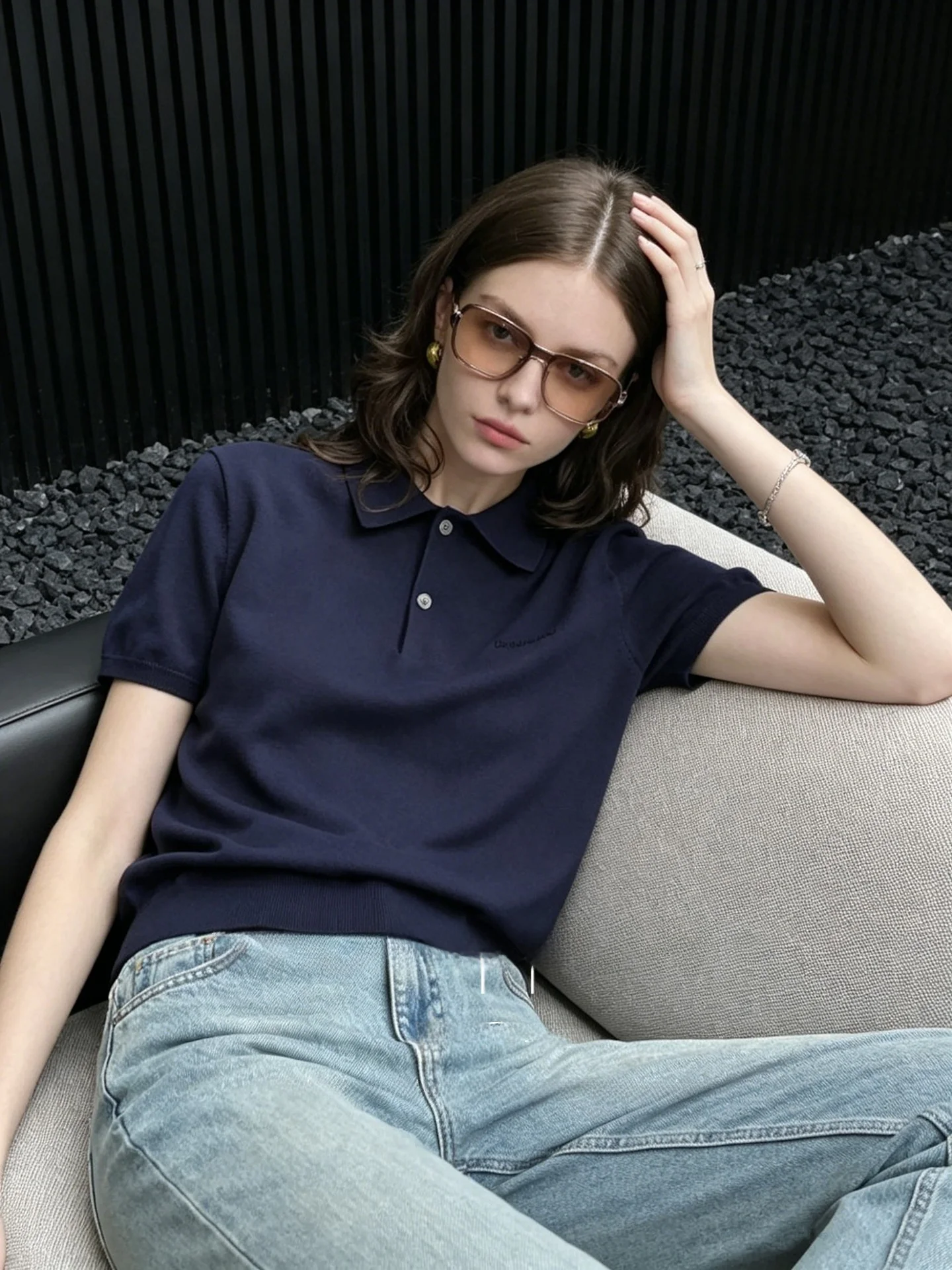 

Huaappuw French Style Loose Fit Shirt Women's Knitted Short Sleeve Turn-Down Collar Summer New Arrival