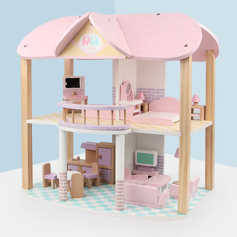 Hot selling pink villa Play house wooden toy pretend play doll house for girl