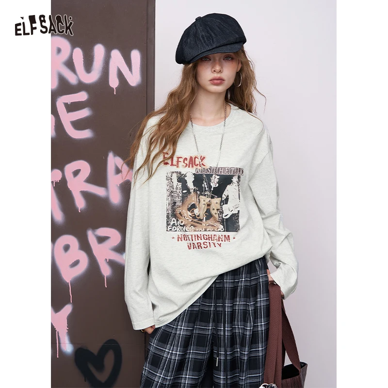 

ELFSACK 2025 Autumn New Arrival Casual Sweet Cool Street Black White Print Rock Style Oversized Tee For Woman