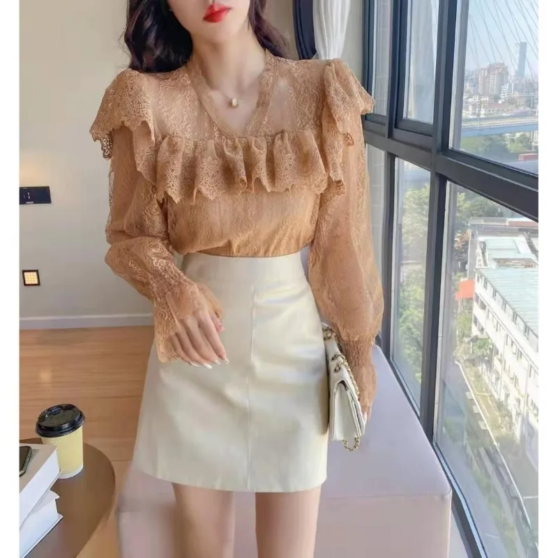 Women Stylish Sexy See Through Lace Ruffles Blouses Elegant Chic V Neck Slim Shirts Female Solid Long Sleeve Sweet Fairy Tops