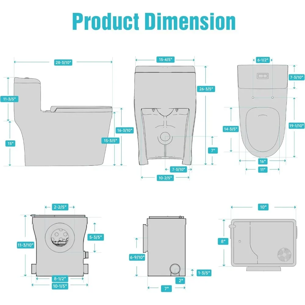 One Piece Macerating Toilet System with Macerator Toilet Pump  3 Inlets for Rear Outlet Toilets 600W Compact Upflush Toilet