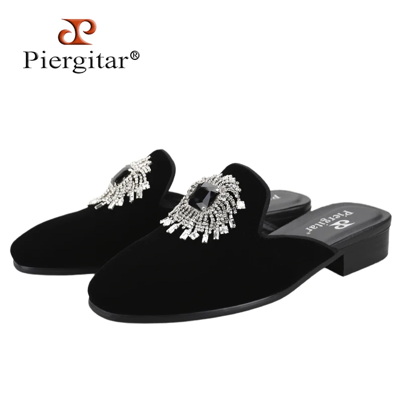 Piergitar Black Velvet With Big Crystal Rhinestones Buckle Classic Style Mules For Fashion Party Handmade Men Slippers Plus Size