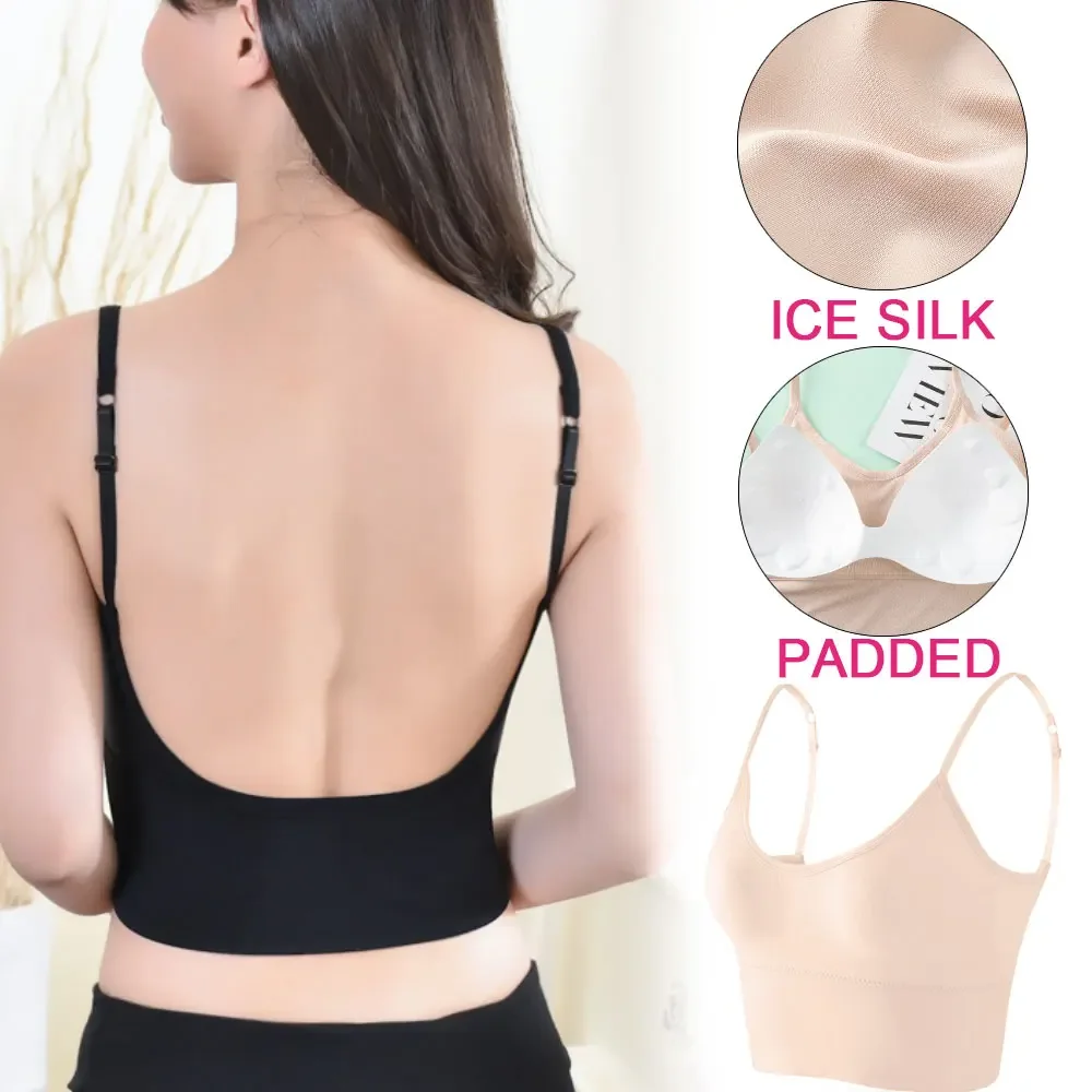 Women Bra Backless Open Back Tank Top Ice Silk Seamless Bralette U Type Low Back  Bras Push Up Wirefree Underwear Y2k Clothes