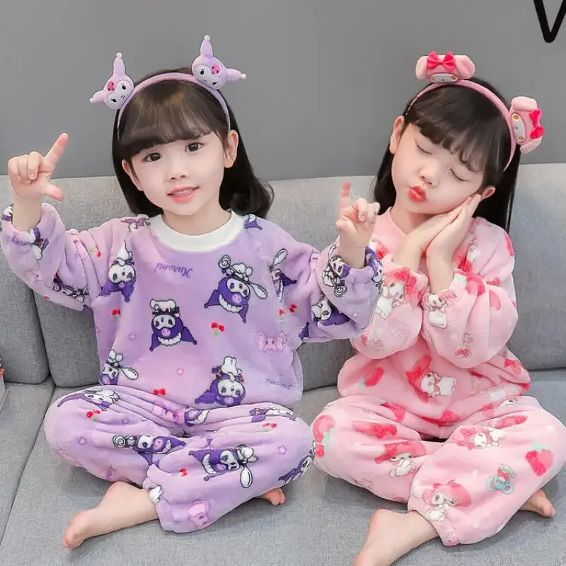 

Anime My Melody Girls' Soft Pajamas Autumn/winter Kuromi Flannel Thick Home Clothes Children's Long Sleeve Pants Nightwear Set