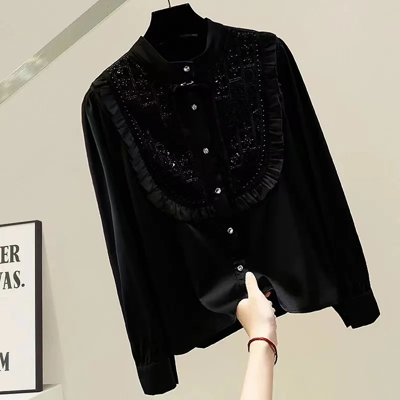 Luxury Heavy Exquisite Beaded Sequined Beige Shirts and Blouses For Women 2024 New Fashion Casual Long Sleeve Top Blusas