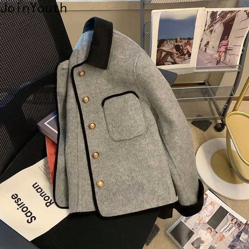 Temperament Ladies Tops Korean Vintage Jackets for Women Turndown Collar Single Breasted Outwear Fashion Solid Color Woolen Coat