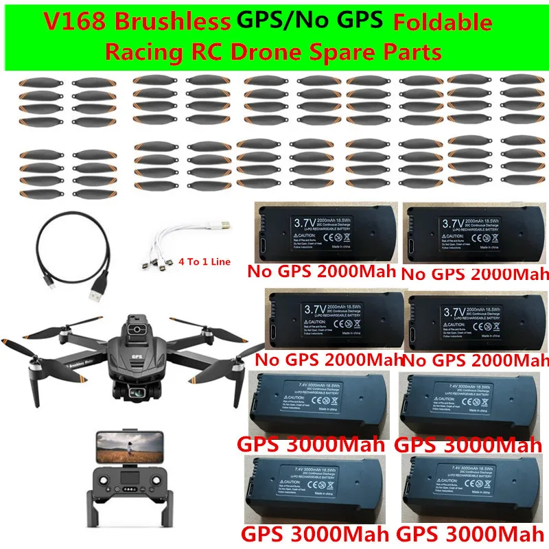 Controle Remoto Sem Escova Quadcopter Peças de Reposição, GPS, Sem GPS, RC Drone, Acessórios, 7.4V, 3000mAh, 2000mAh Bateria, Hélice e Braço, V168