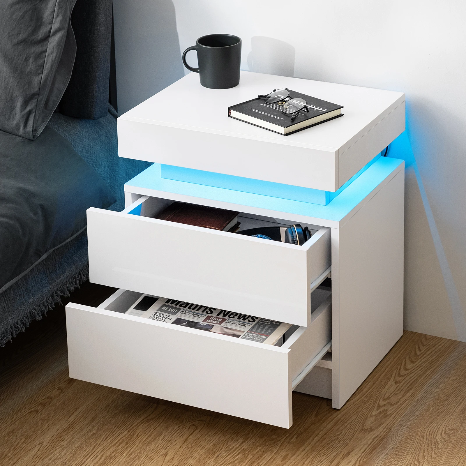 Mesita de noche con luz LED RGB, mesita de noche con 2 cajones, dormitorio de alto brillo