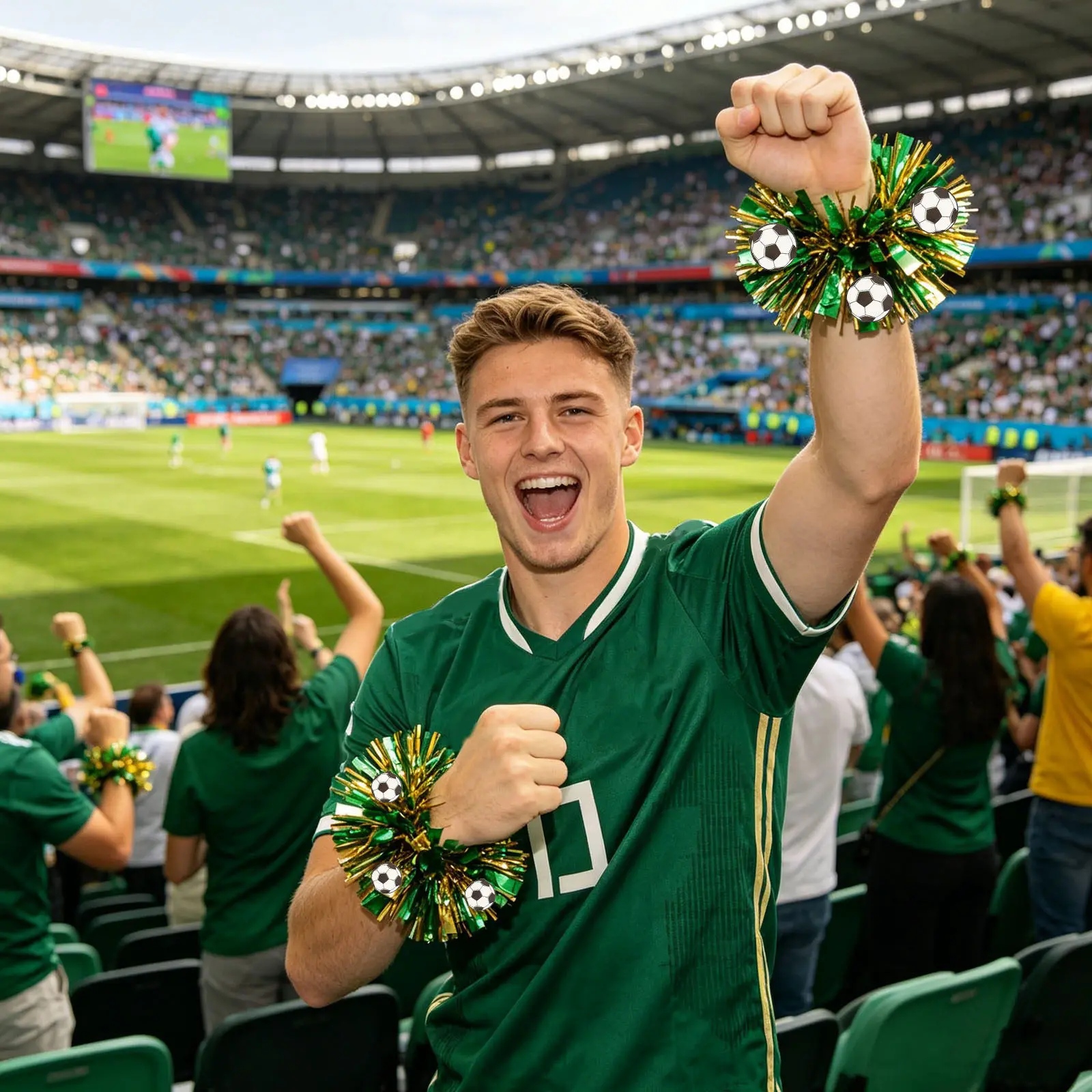 16Pcs Soccer Tinsel Wristband Green Soccer Fan Bracelets Sports Team Day Wrist Ribbons Sports Wristband Armband