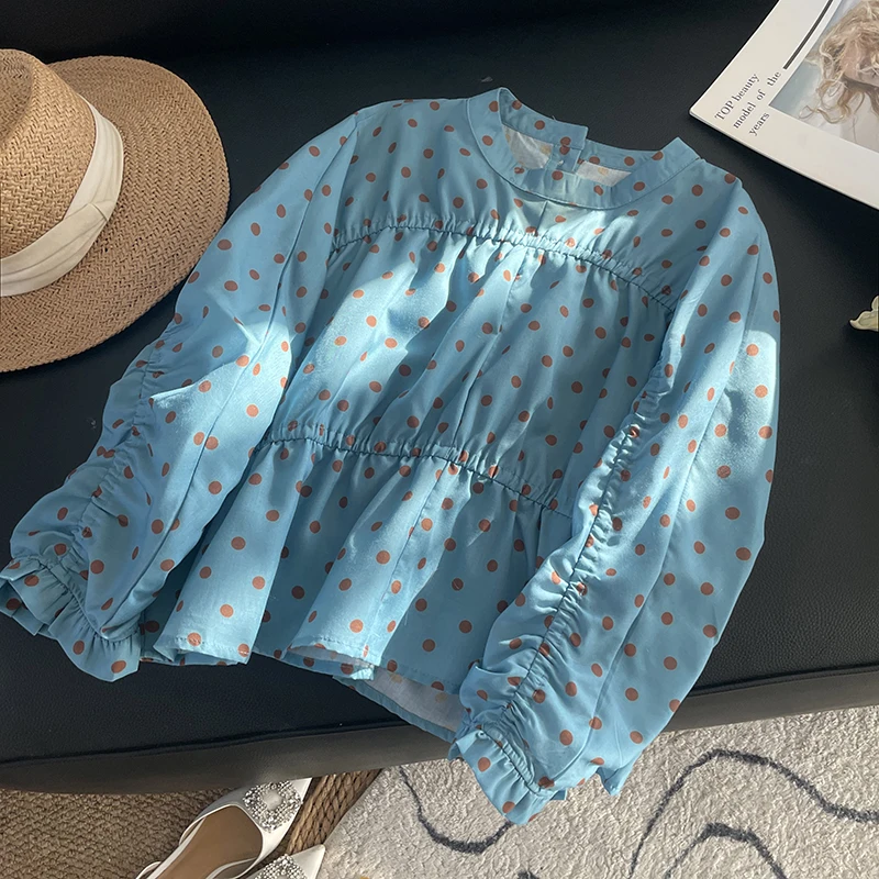 

Весенне-осенняя свободная футболка большого размера с принтом в горошек, модный кукольный костюм, тонкий круглый повседневный женский топ