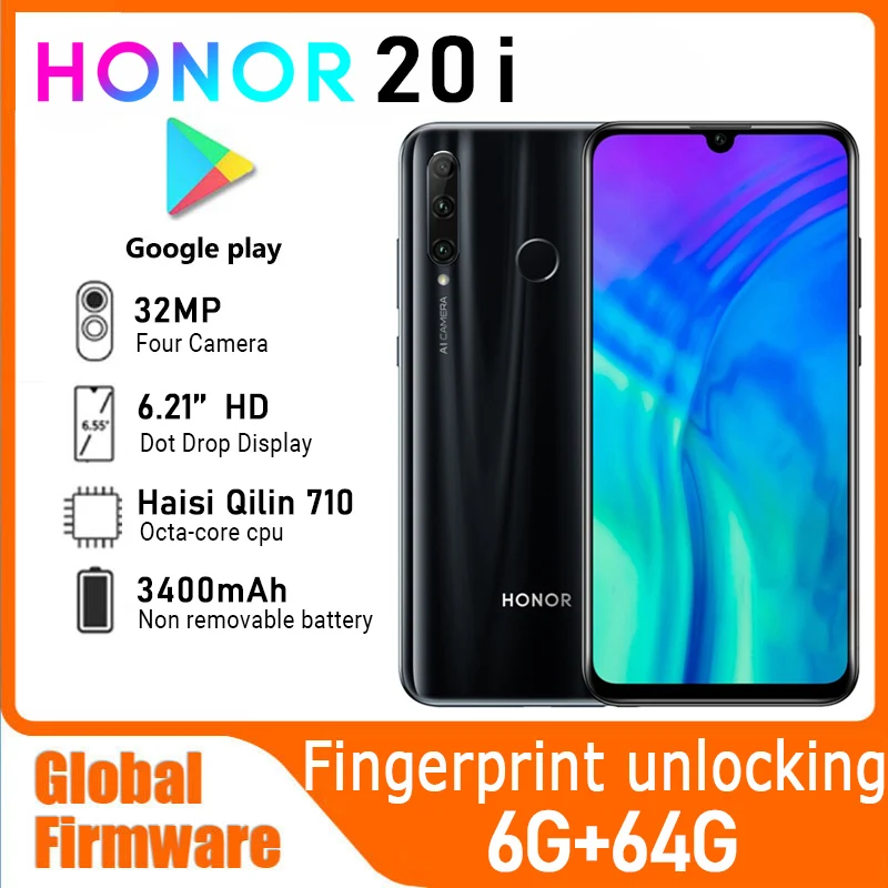 HONOR 스마트폰 글로벌 펌웨어 안드로이드 9.0 CPU, Haisi Qilin 710, 6.21 인치 전면 카메라, 32MP 중고 휴대폰, 20i 