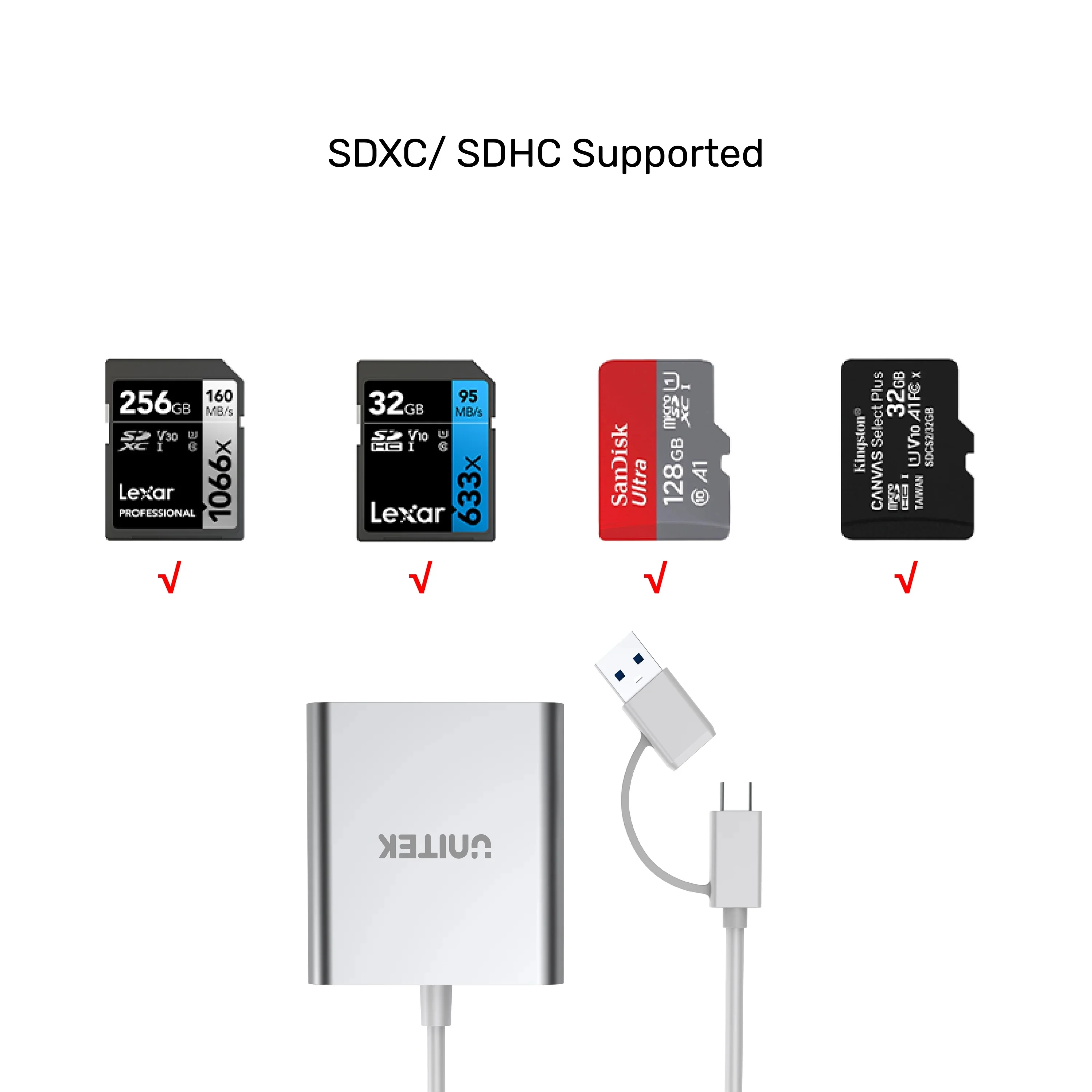 Imagem -02 - Leitor de Cartão Usb 3.0 para sd Microsd cf Memória tf com Usb-c Adaptador para pc Laptop Acessórios Unitek3 in