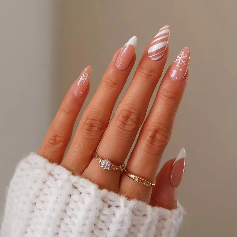 24pcs Press on Nails Snowflake Full Cover Long Christmas Almond Fake Nails