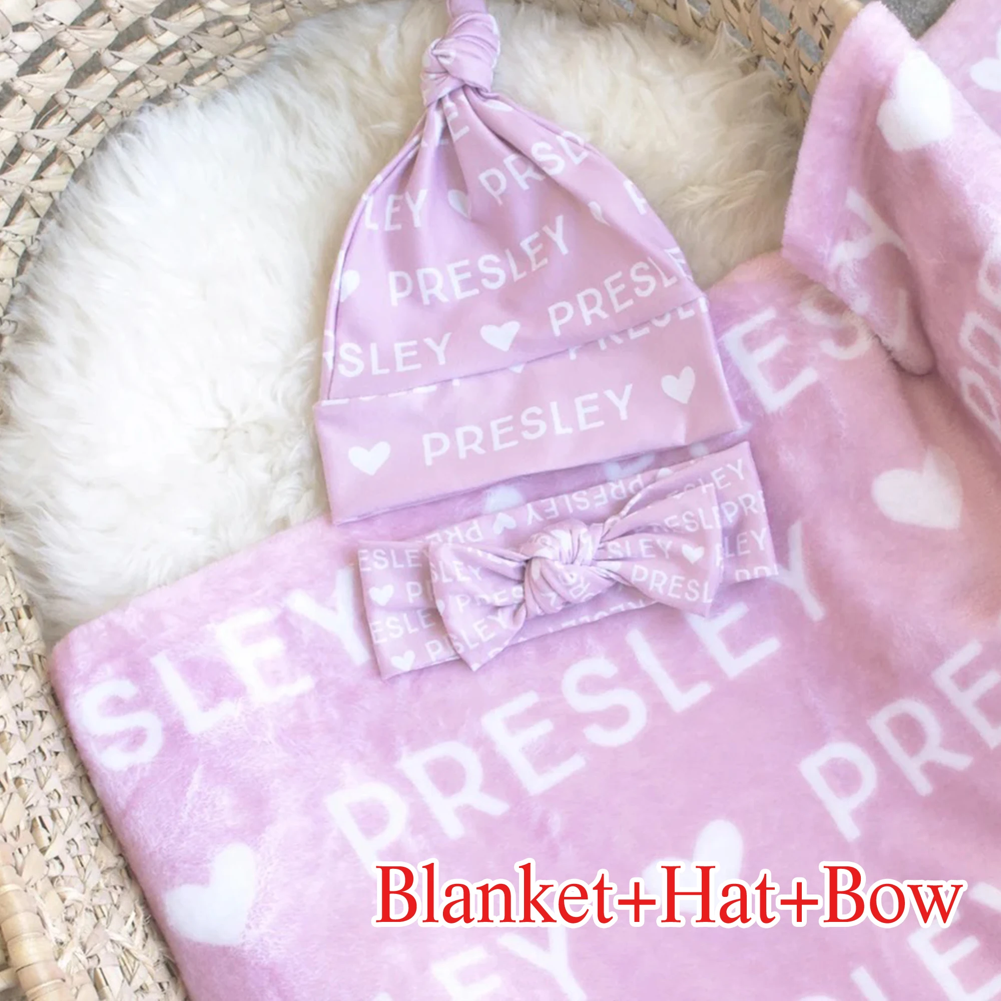 UOOPOO Personalized Name Swaddle Blanket Heart, Baby Hat, Bow, Pillowcase, Baby Swaddle, Baby Blanket