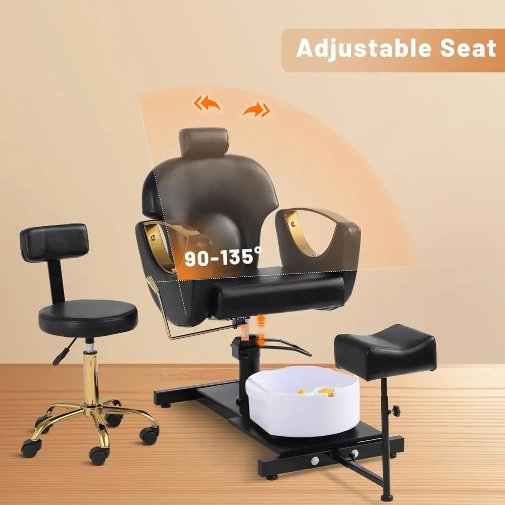 360 °   Cadeira giratória para pedicure com elevador hidráulico ajustável e apoio para os pés, preto-dourado para salões e spas