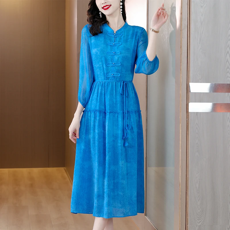 

2023 New Fashionable Retro Silk Dress For Women's High End And Elegant Silk Solid Loose Fit Leisure Holiday Dress Vestidos