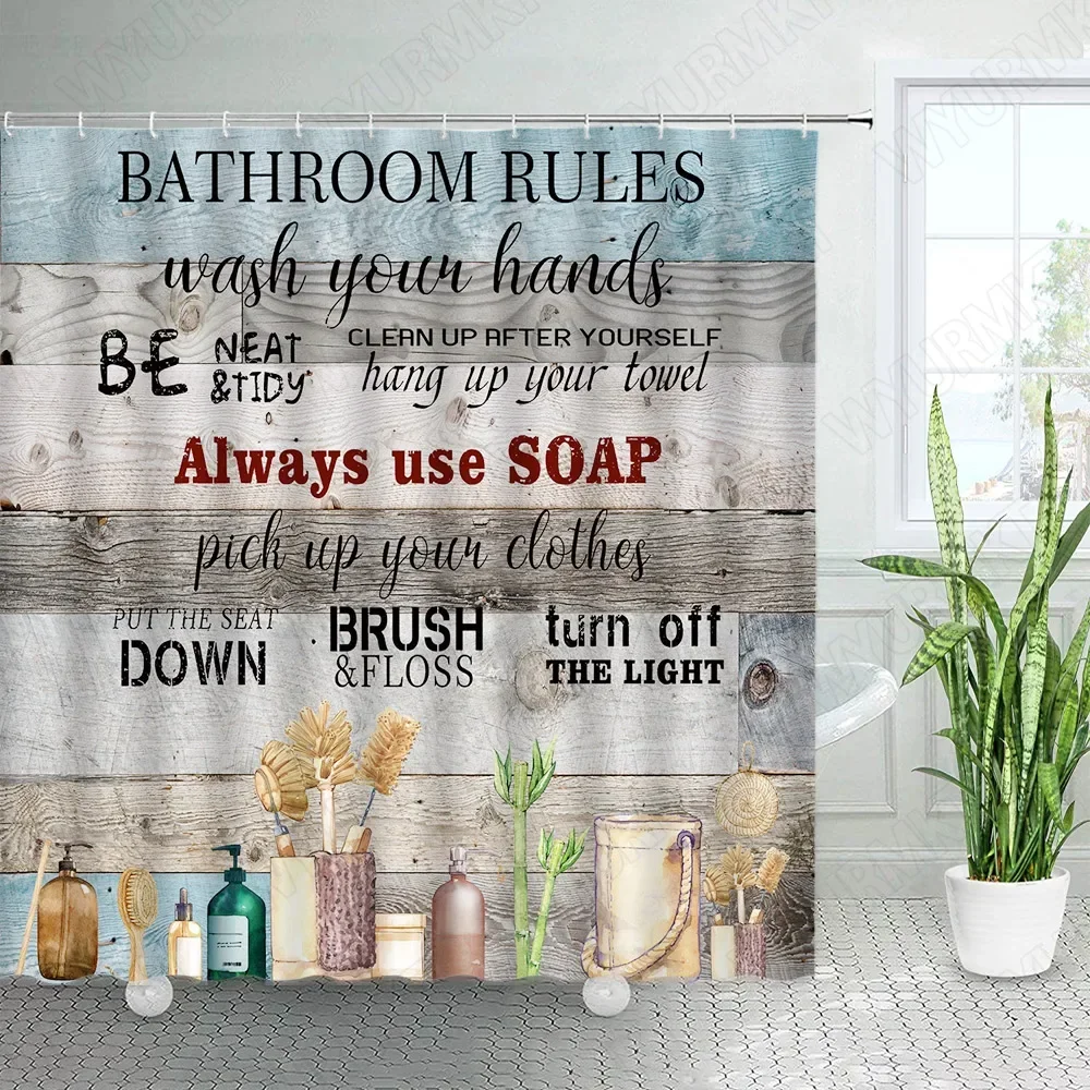 Creative Bathroom Rules Shower Curtain Retro Farm Wood Board Plant Blue White Plank Aphorism Printed Fabric Bath Curtains Decor