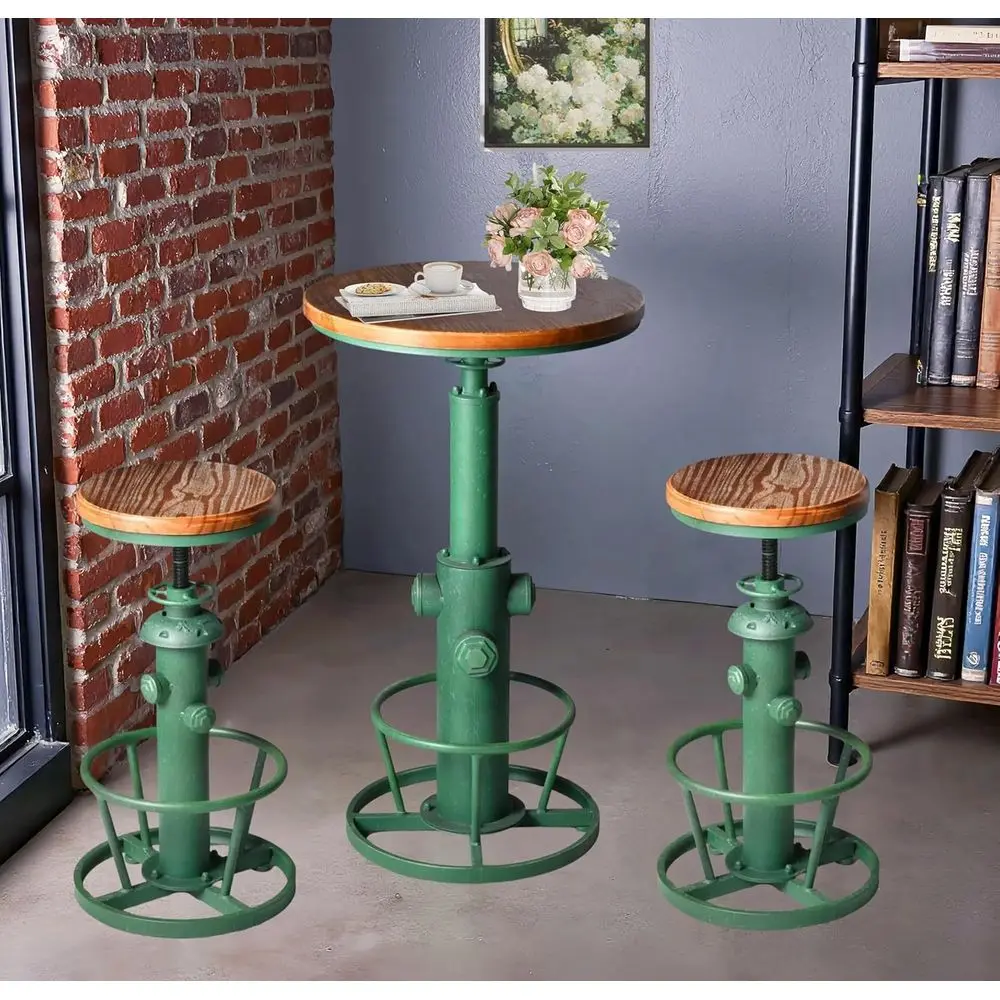 

Vintage 3-Piece Pub Set with Round Table and 2 Antique Green Adjustable Stools
