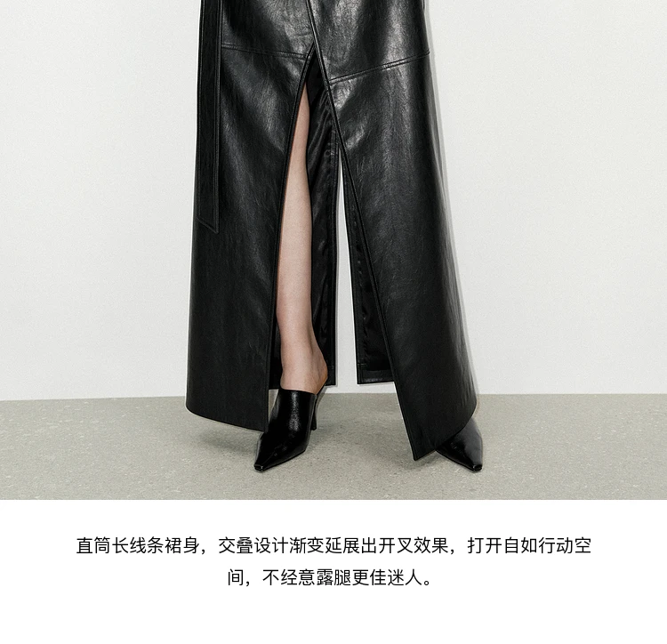 Lautaro Spring Autumn Shiny Black Soft Pu Leather Floor Length Skirt Women with Front Slit High Waist Extra Long Clothes 2025