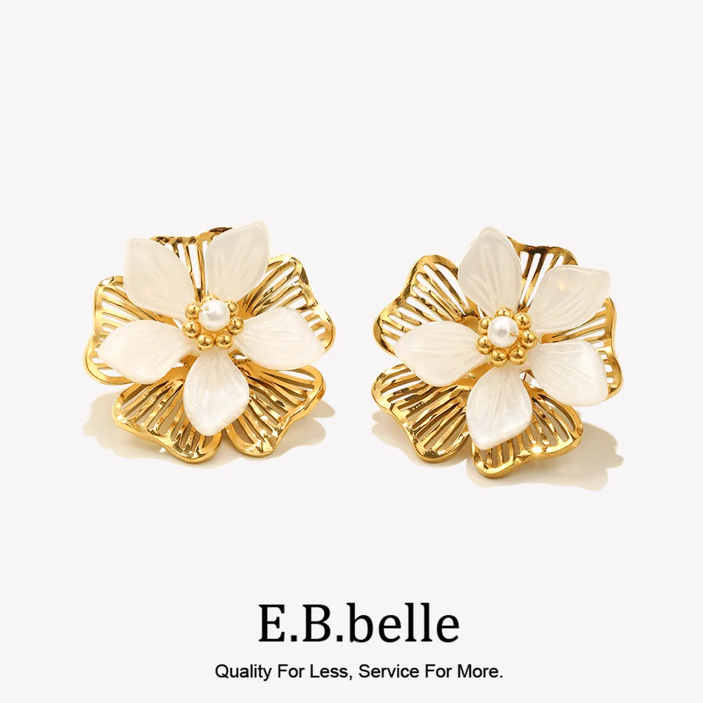 E.B.belle Double Layer Shell Flower Stud Earring PVD Plated Stainless Steel Waterproof Hypoallergenic Women Jewelry Accessories