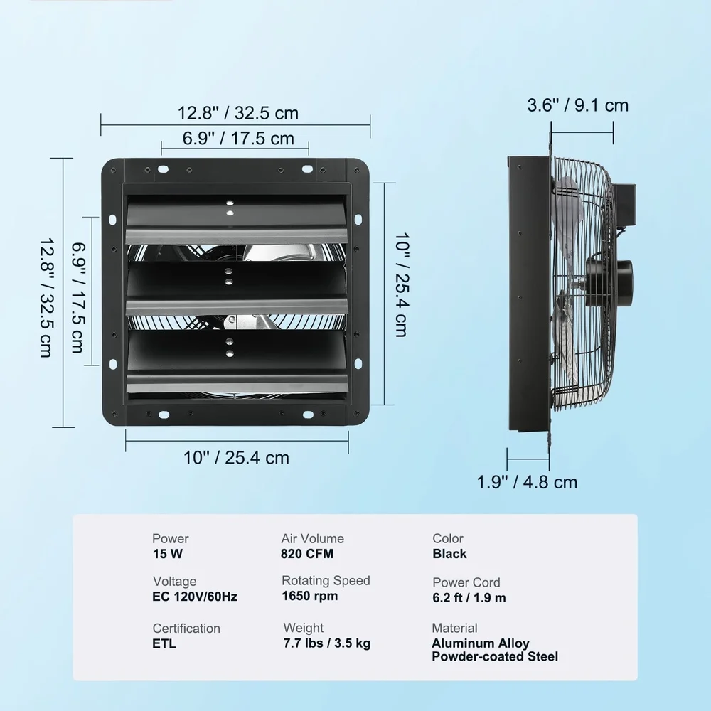 10 Inch Shutter Exhaust Fan with EC Motor 820 CFM Smart Control Automatic Shutter Wall Mount Greenhouses Garages Sheds