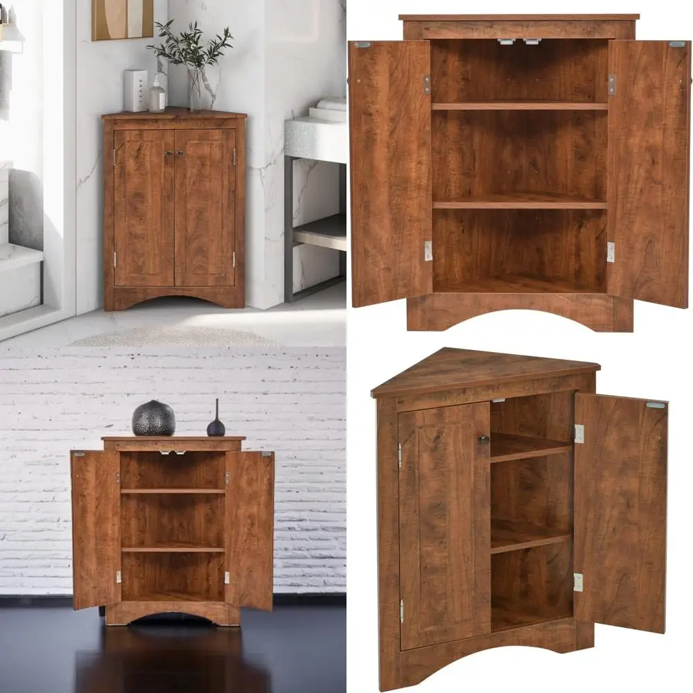 

"Окремо стоящий угловой шкаф для хранения с двойными дверцами и регулируемыми полками для ванной комнаты"