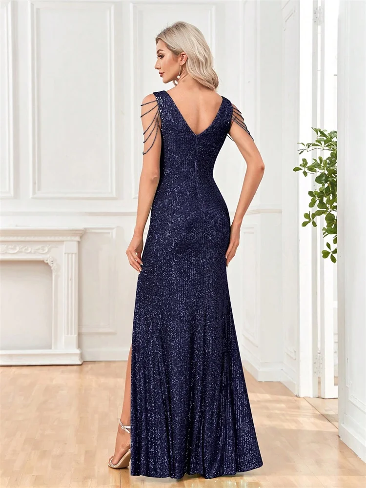 Elegant V-neck Sequins Slit Floor Length Formal Evening Dresses Luxury sleeveless Bridesmaid Wedding Party Beading Cocktail Gown