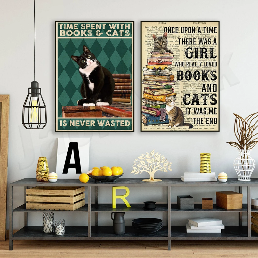 

Book posters, time spent with books and tuxedo cat art, love of books and cat wall art, birthday gifts for book lovers, cat moms