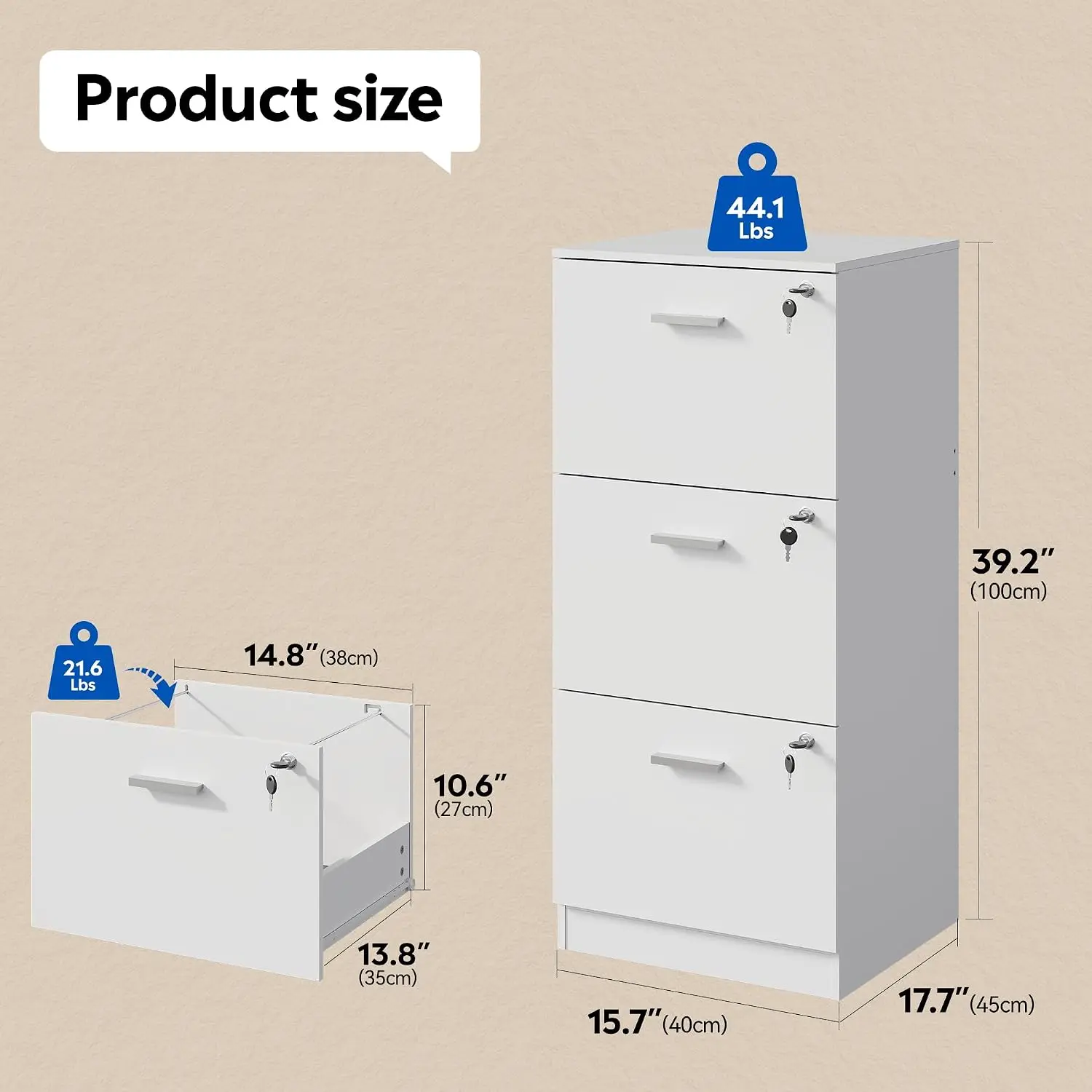 Wood File Cabinet 3 Drawer Vertical Lockable Printer Stand Letter A4 Home Office White, Customized