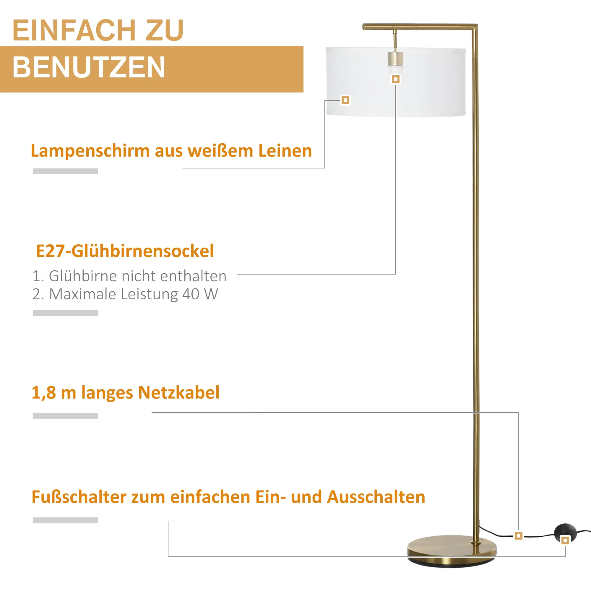 Luminária de Piso E27 Metal/Linho Dourado/Branco 47x37x153cm - usage example