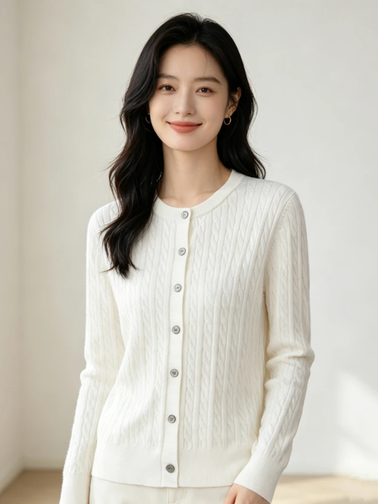 zjaiss Loose‑Fit Figure‑Flattering Long‑Sleeve Sweater 2026 Autumn Winter O-Neck Cable‑Knit Women Knit Cardigan Outerwear
