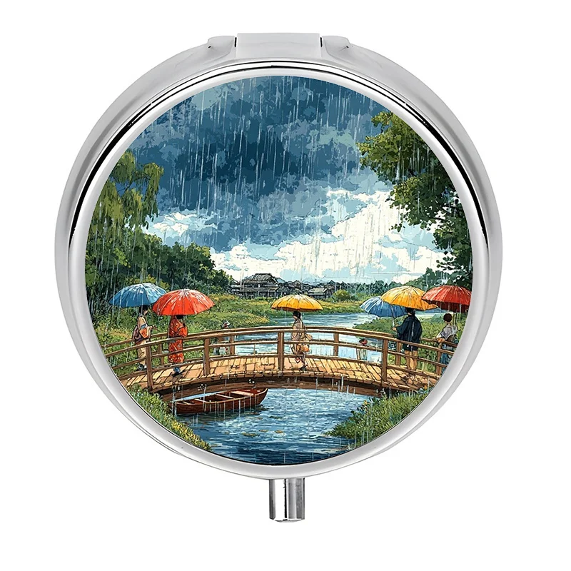 1 Chinese Landscape Art Pill Box - 3-Compartment Travel Pill Box, designed with inspiration from traditional Chinese bridges and rainscapes, portable vitamin box, suitable for men, made of durable plastic and metal, compact gift, suitable for the elderly