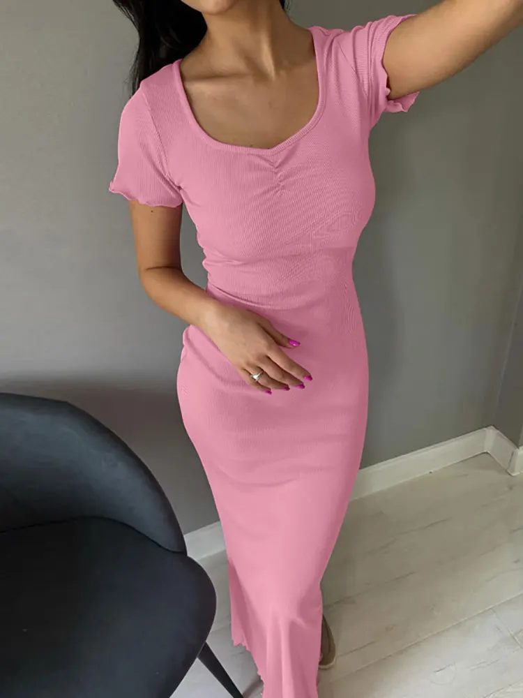 Gacvga 2024 Geribbelde Vierkante Kraag Korte Mouw Ruches Zomer Sexy Bodycon Maxi Jurk Damesmode Streetwear Lange Jurken