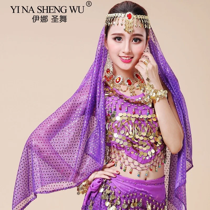 Lenço de dança do ventre feminino, moedas de ouro, véu de ponto brilhante, lenço de cabeça para dança do ventre, acessórios de dança, trajes indianos, 6 cores