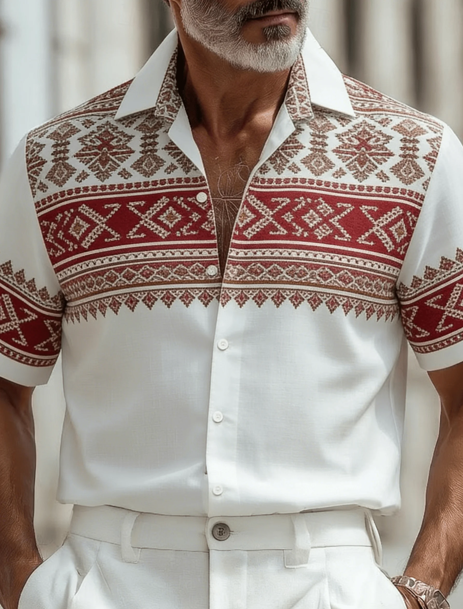 

Men's Ethnic Geometric Splice Short Sleeve Shirt, Spring Summer Retro Vacation Casual Top, Pocket Lapel Style