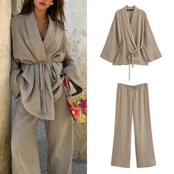 TRAF casual style kimono zewnętrzne sznurowane 2-częściowy zestaw klapa koszula z długim rękawem eleganckie luźne spodnie z szerokimi nogawkami garnitur damski 2024