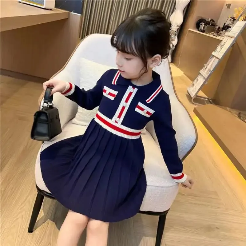 Girls Knitted Dresses Autumn Winter New Sweater Dress Children Academic Style Warm Princess Dress Korean Kids Clothing 2-6Yrs