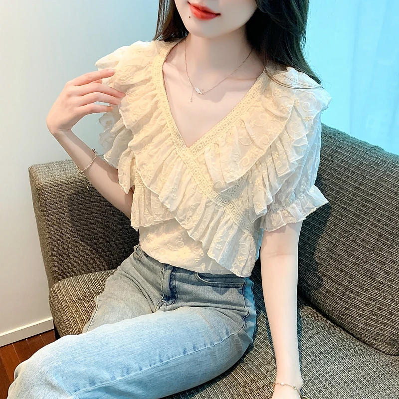 New Summer Women Tops Blouses Short Sleeve Blouse Women Blusas Mujer De Moda 2024 Verano Ruffles V-Neck Blouse Shirt Blusa G684