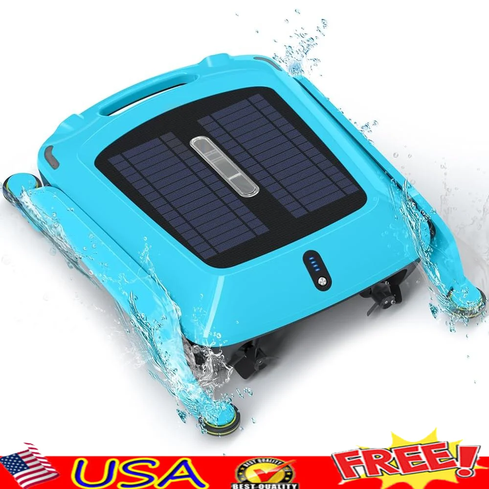 Robotic Solar Pool Cleaner Cordless Surface Skimmer Automatic Dual Power Charging Intelligent Obstacle Avoidance Saltwater