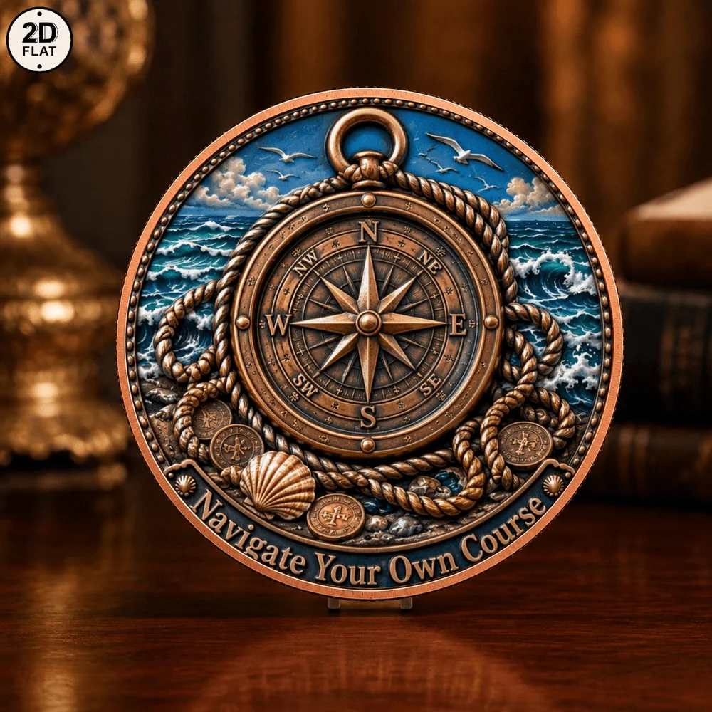 1pc Vintage Nautical Compass Fine Copper Challenge Coin Nautical Navigate Your Own Course Collectible Medal Gift for Sailor Fans