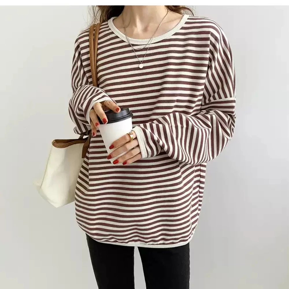 2023 spring and autumn new Korean version casual lazy style pullover striped sweater women\'s loose top coat