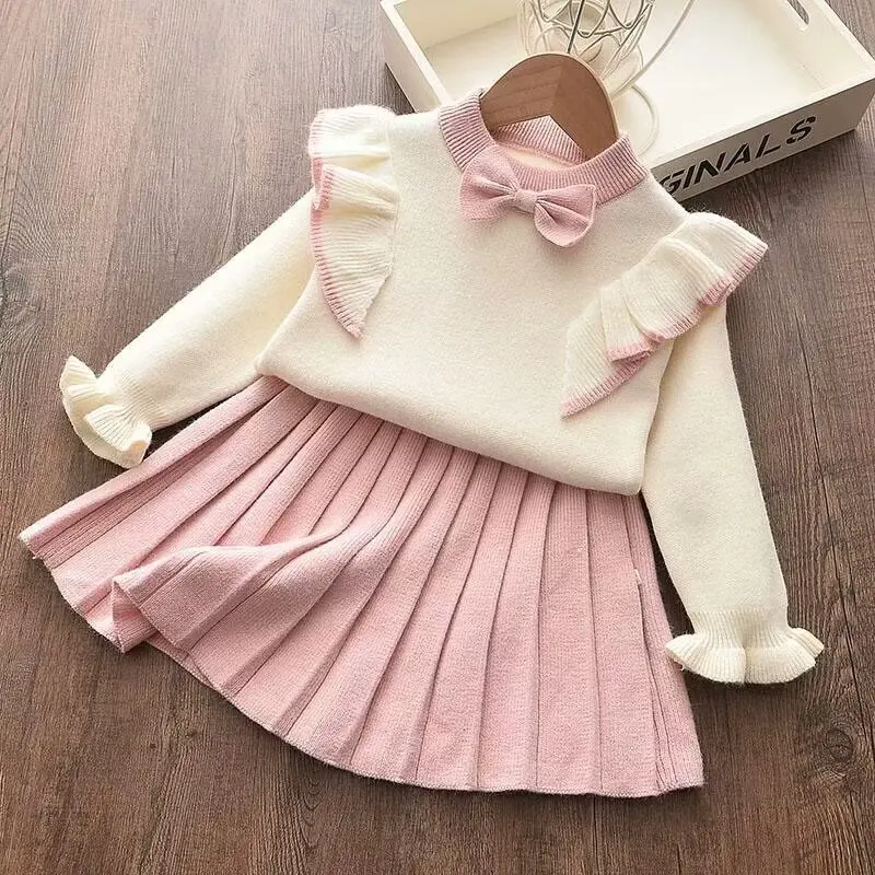 Autumn Girls Knitted Sweaters Sets Winter Bow Sweater Cardigan+Skirt Fashion Children Princess Clothes Suits Kids Clothing 2Pcs