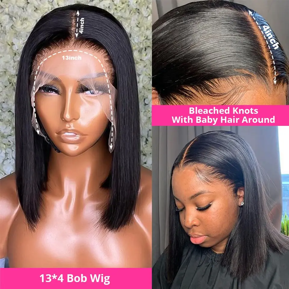 Short Bob Wig Bone Straight Human Hair Wigs For Black Women Pre-Plucked Remy Wigs Malaysian 13x4 Lace Frontal Wigs 180% Density