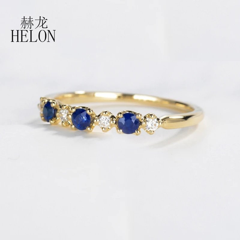 HELON Solid 14K AU585 Yellow Gold Round SI/H Natural Diamond Engagement Ring Women Real Sapphire Anniversary Trendy Fine Jewelry