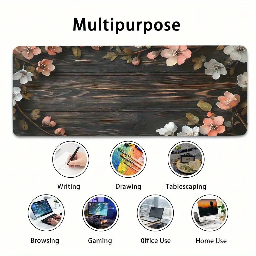 1pc Mouse Pad, Dark Wood Grain Background With White And Peach Flowers, Non-Slip Backing, Office Desk Mat, Gaming Accessories, Computer Mousepad, Desktop