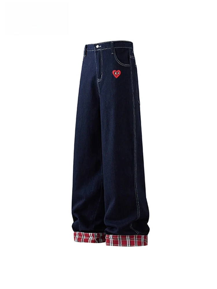 Calça Jeans Charles Heart American Plaid com Barra Dobrada Masculina e Feminina, Moderna, Solta, Reta, Comprida, em Mistura d...