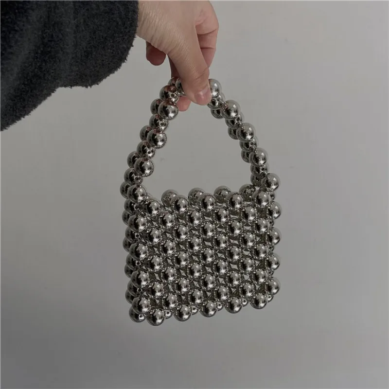 DIY Premium Metal Silver Crossbody Bag DIY Handmade Woven Beaded Bag Handheld One Shoulder Mini Cute Small Pearl Chain Bag