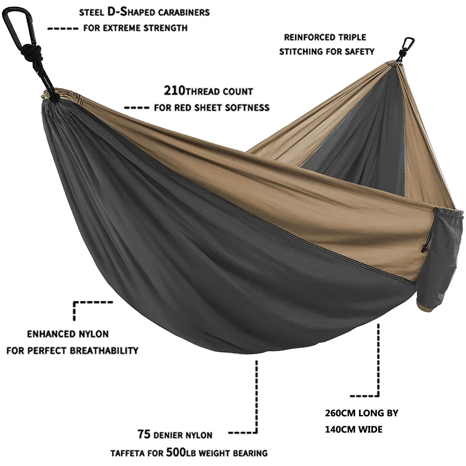 Parachute Hammock with Hammock Straps and Black Camping Survival Travel Carabiner Solid Color Double Person Outdoor Furniture image 3